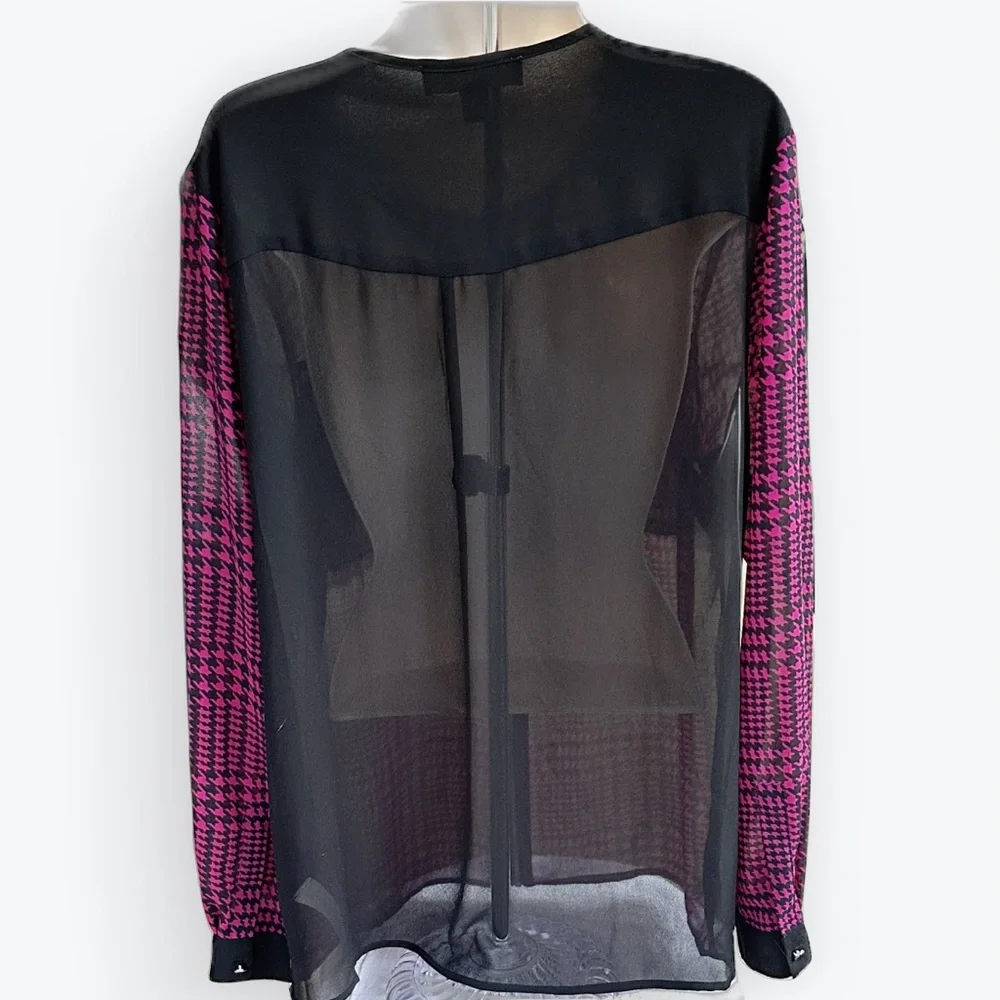 Sultry Edgy Artsy Dark Academia Sheer Houndstooth Raspberry & Black Blouse ~ L